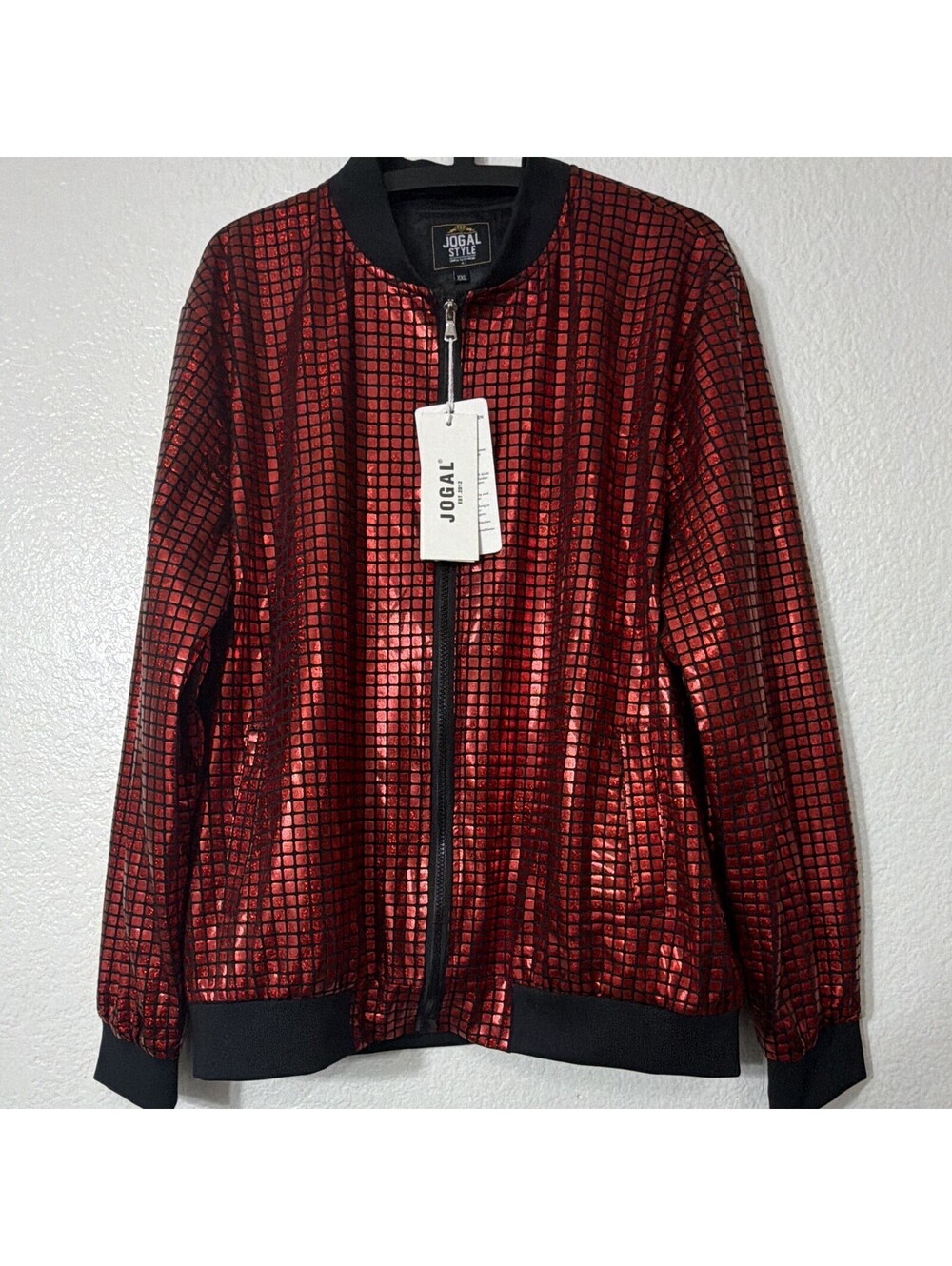 JOGAL Men’s Red Sequin Metallic Grid Bomber Jacket Full Zip Size XXL